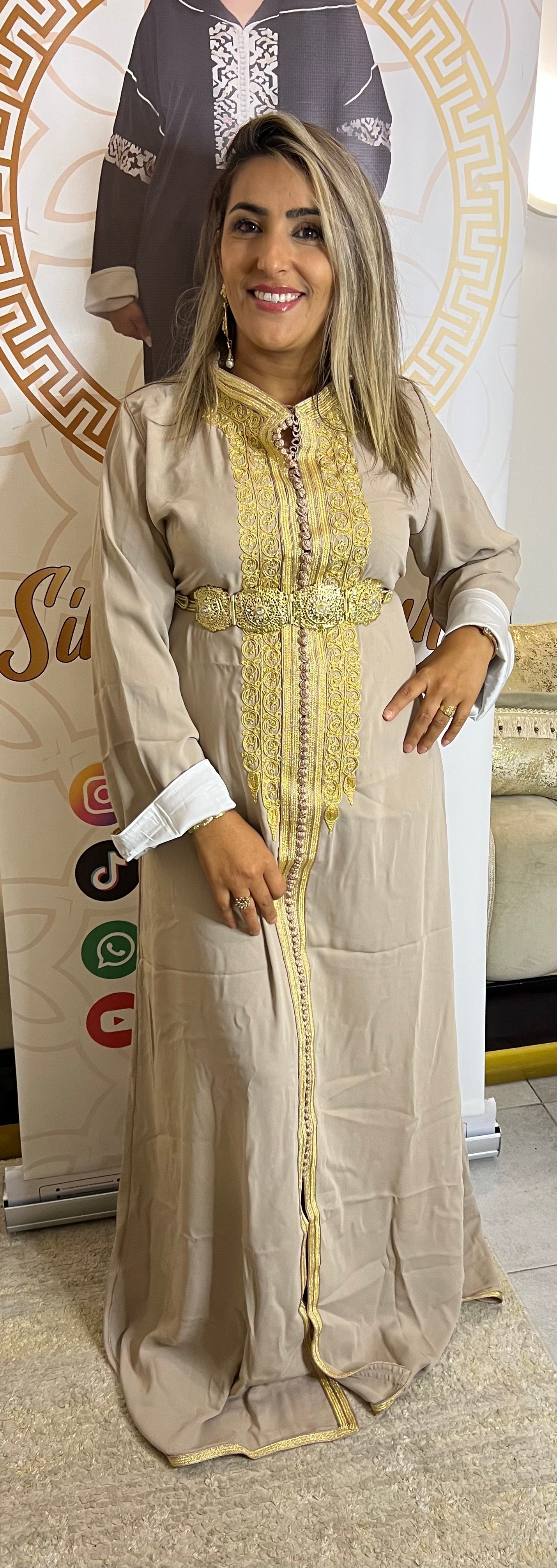 CAFTAN ROYALE BEIGE OR avec ceinture